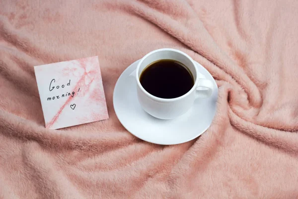 Bebida Quente Nota Bom Dia Café Manhã Cama — Fotografia de Stock