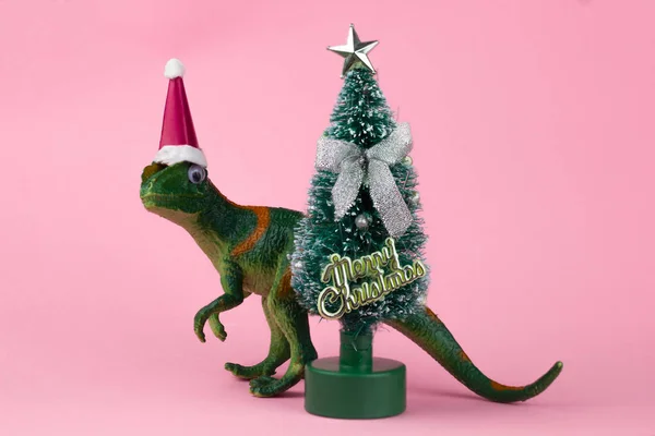 Funny Green Dinosaur Toy Little Santa Claus Hat Little Christmas — Stock Photo, Image