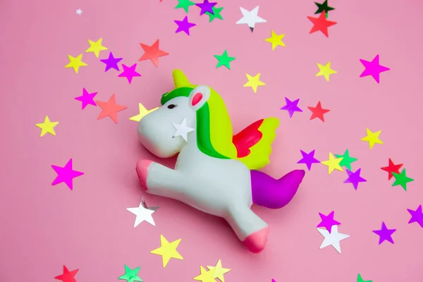 Vue Dessus Jouet Squishy Licorne Paillettes Forme Étoiles Sur Fond — Photo