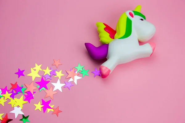 Draufsicht Squishy Spielzeug Einhorn Und Glitzert Form Von Sternen Auf — Stockfoto