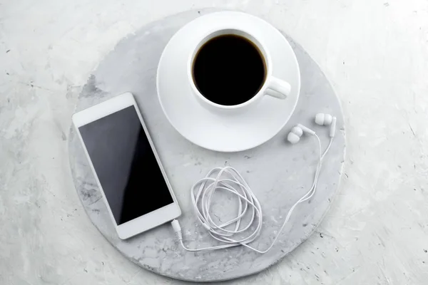 Top View Smartphone Empty Screen Coffee Cup Marble Table Coffee — Stock Photo, Image