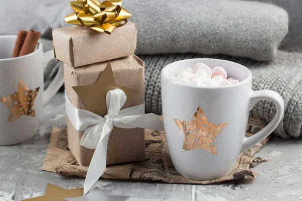 Cozy Still Life Cups Present Boxes Sweaters — Stock Photo, Image