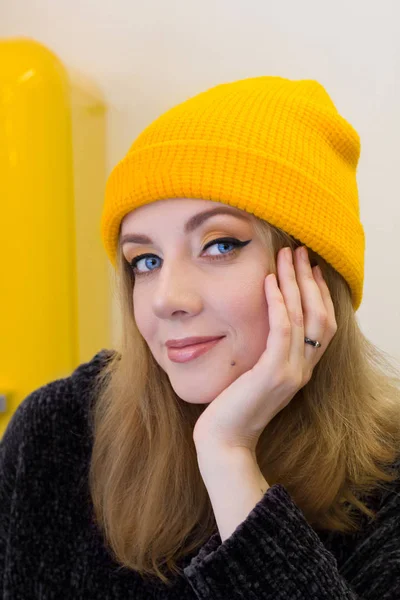 Cute Beautiful Woman Yellow Hat Portrait — Stock Photo, Image