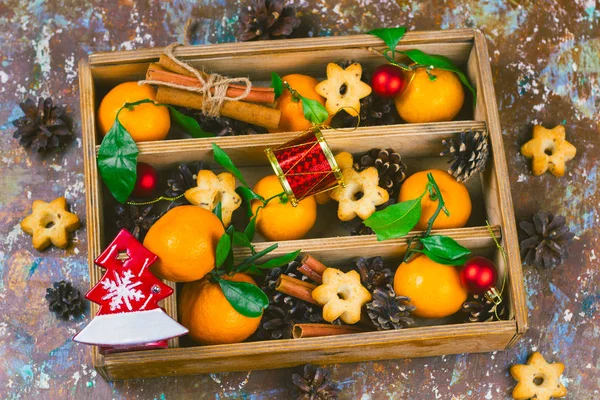 Vintage Wooden Box Christmas Decorations Set — Stock Photo, Image