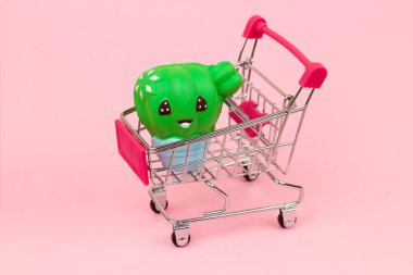 pembe pastel arka planda kaktüs ile alışveriş sepeti