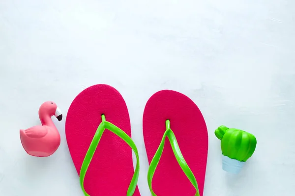 Roze Strand Flip Flops Squishy Toy Cactus Flamingo Witte Achtergrond — Stockfoto