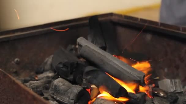 关闭在烤架 烧烤准备燃烧的木材 — 图库视频影像