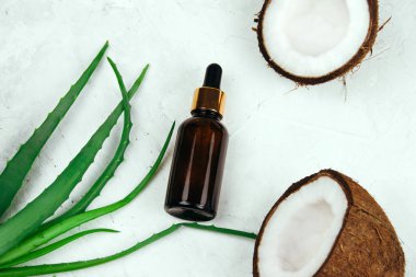 üst görünümü yaz kozmetik düz yağ şişesi yatıyordu, hindistan cevizi ve aloe vera yaprakları