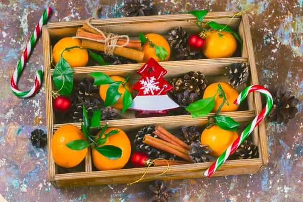 Top View Vintage Wooden Box Christmas Decorations — Stock Photo, Image