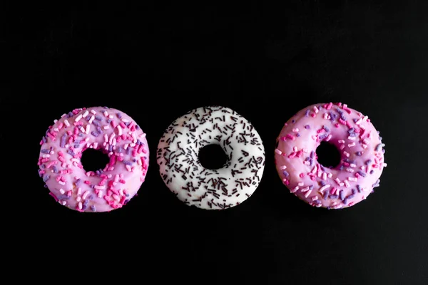 Top View White Pink Doughnuts Black Background — Stock Photo, Image