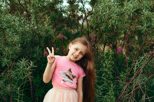 平和のジェスチャーを示す夏の公園で幸せな陽気な小さな女の子の肖像画 — ストック写真