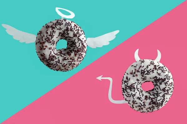 angel and devil donuts on a blue and pink background