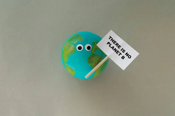 a small handmade model of planet earth with googly eyes holds a sign that says there is no planet b