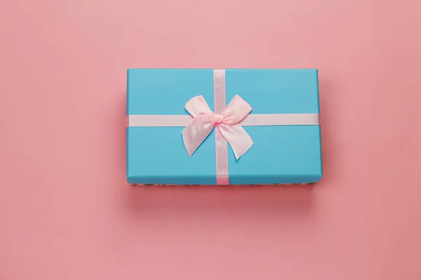 Top View Cute Blue Present Box Pastel Pink Background — Stock Photo, Image