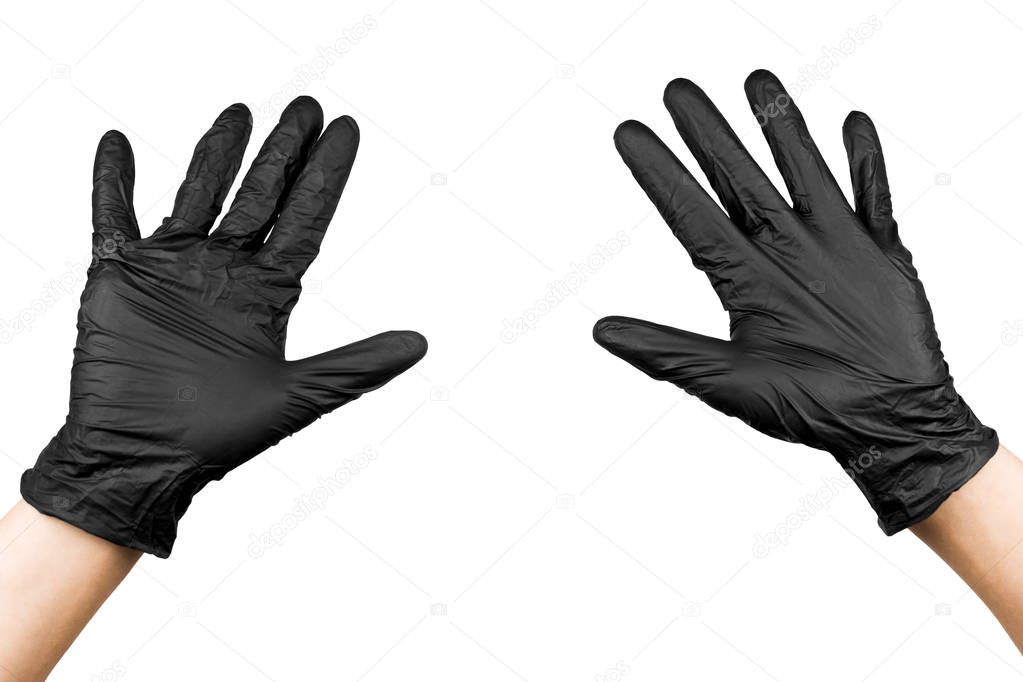 male hands up in black latex gloves isolated on white background