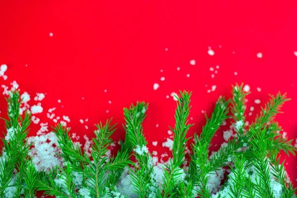 Ramas Árboles Cubiertas Nieve Sobre Fondo Rojo Borroso Con Espacio —  Fotos de Stock