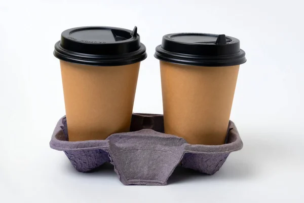 Two Takeaway Paper Cups Black Plastic Lids Cardboard Coffee Holder — Stock Photo, Image