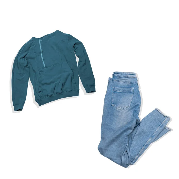 Mode Collage Blå Jeans Och Blå Hoodie Isolerad Vit Bakgrund — Stockfoto