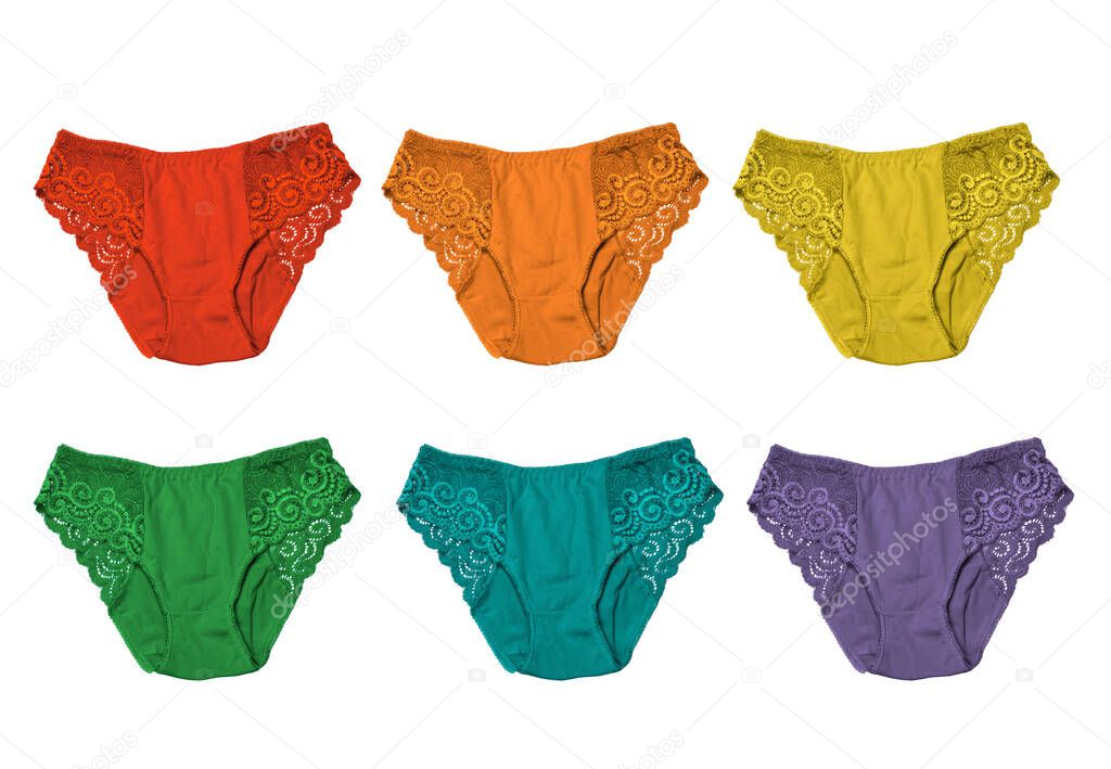 collection of  multicolored panties isolated on a white background, rainbow female panties set