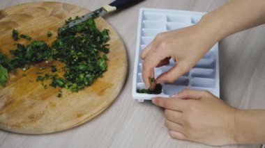 Buz yağı küpleri yapmak ikinci adım, kadın ellerini kapat dilimlenmiş yeşillikleri buz kalıbına dök.