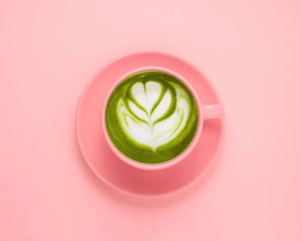 Top View Flat Lay Matcha Green Tea Cup Pastel Pink — Stok Foto