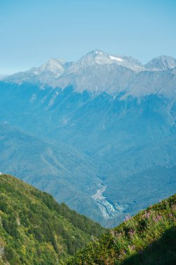 Sis ve yeşil tepe içinde yüksek dağları olan doğal duvar kağıdı.