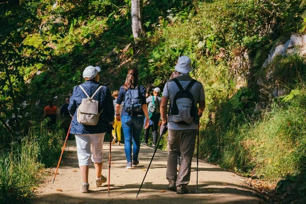 Sochi Rússia Setembro 2020 Casal Idosos Com Postes Trekking Vai — Fotografia de Stock