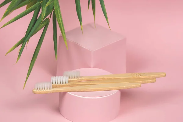 bamboo tooth brushes on a pink podium with green bamboo leaves