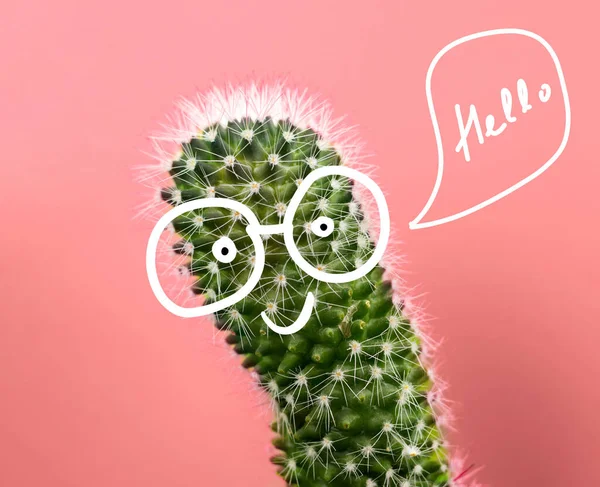 Lindo Cactus Tarjeta Felicitación Divertida Con Cara Dibujada Con Gafas — Foto de Stock