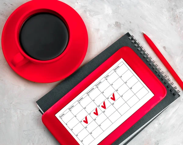 Red Colour Still Life Top View Coffee Cup Tab Schedule — Stock Photo, Image