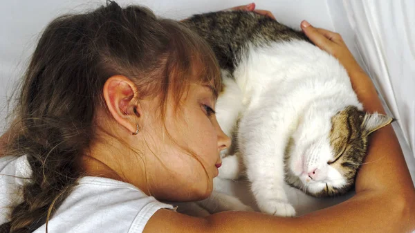 Young girl sleeps with a cat. Healthy day sleep