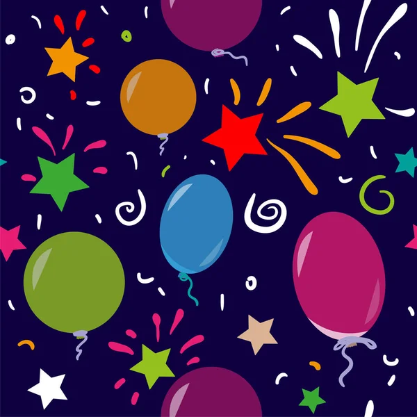 Vektör simless desenle renkli balon, konfeti, havai fişek, yıldız. Duvar kağıdı, kapak, tekstil, kumaş, web, birthdat kartpostal tasarım