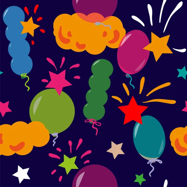 Vektör simless desenle renkli balon, konfeti, havai fişek, yıldız. Duvar kağıdı, kapak, tekstil, kumaş, web, birthdat kartpostal tasarım