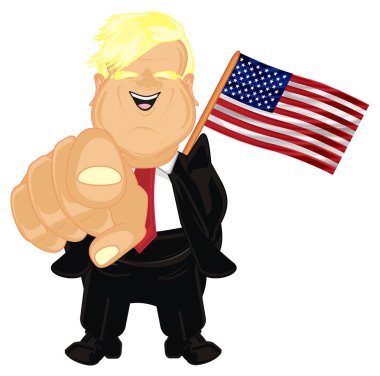 siyah elbiseli gülümseyen patron bir bayrak tutun ve jest göster