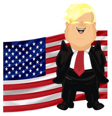 büyük ABD bayrağı ile siyah elbiseli gülümseyen patron