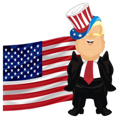 patron ABD sembolleri ile siyah elbiseli gülümseyen