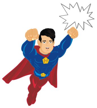 gülümseyen süper kahraman uçan ve temiz işareti