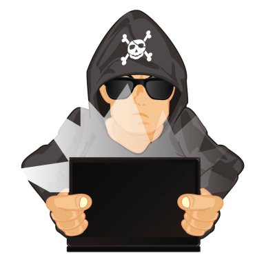 hacker kafatası ve kemiklerin üzerine onun hood ile dizüstü bilgisayar ile