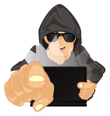 hacker dizüstü gülümseyen ve gösteri hareketi ile