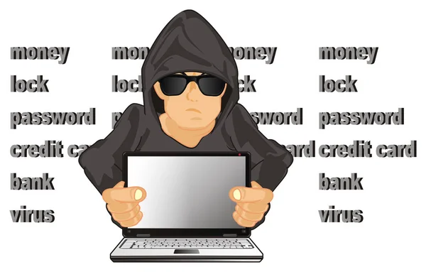 Hacker Con Laptop Molte Parole — Foto Stock