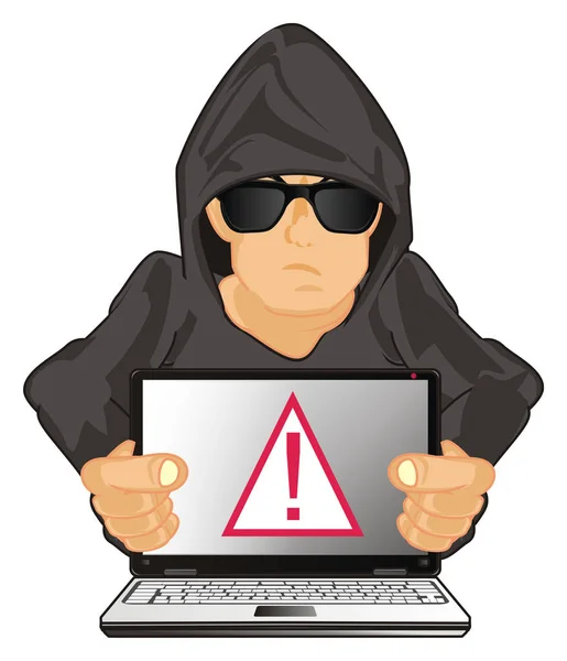 hacker with laptop with red triangle
