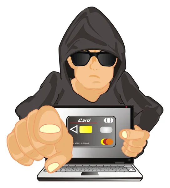 Hacker Med Laptop Och Kort Visa Gest — Stockfoto