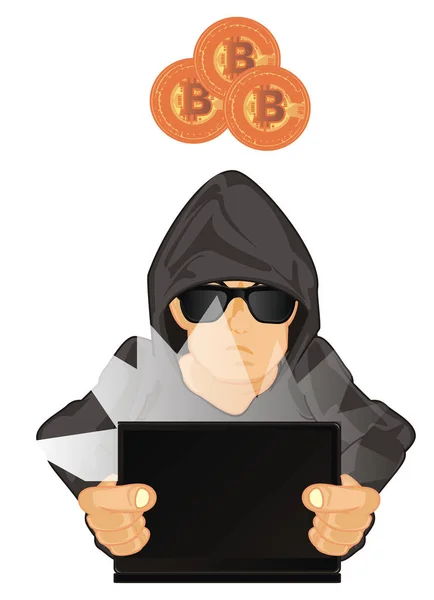 Hacker Met Laptop Met Veel Bitcoins — Stockfoto