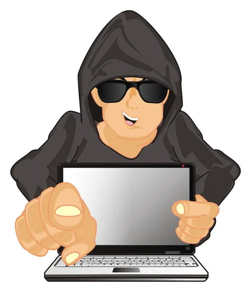 Hacker Glimlachend Toon Gebaar Met Zijn Laptop — Stockfoto