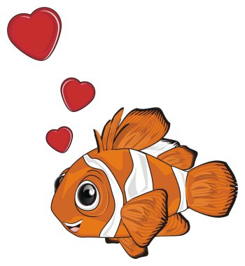 gülümseyen turuncu clownfish ve birçok kırmızı kalpler