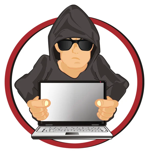 Hacker Con Laptop Cartello Rosso — Foto Stock