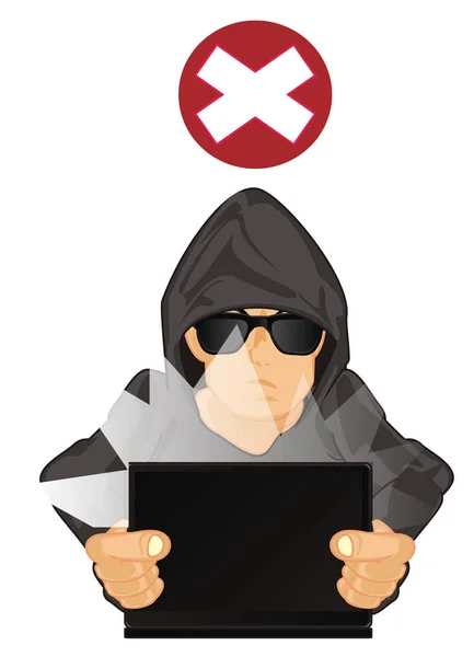 Hacker Mit Laptop Und Rotem Kreuz — Stockfoto