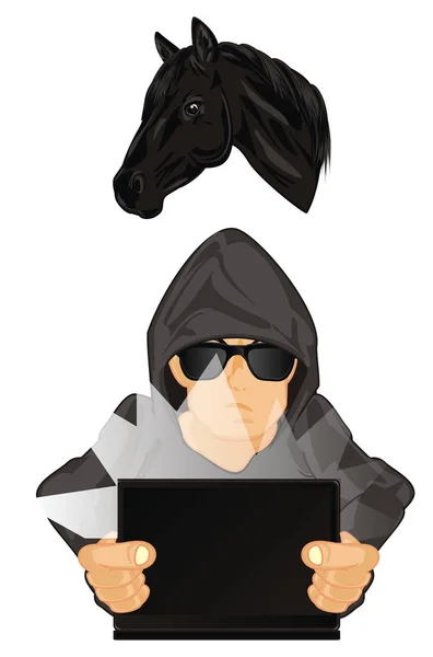 Hacker Con Portátil Cabeza Negra Caballo Troya — Foto de Stock