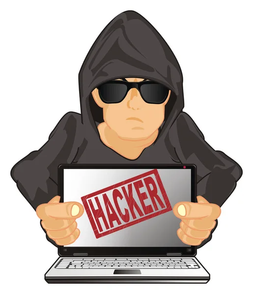 Hacker Med Laptop Och Röd Stämpel Med Ordet Hacker — Stockfoto