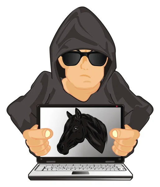 Hacker Met Laptop Trojaans Paard — Stockfoto